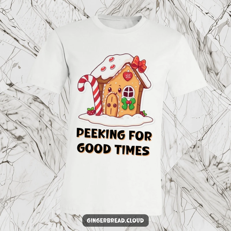 Funny gingerbread house t-shirt, a happy character peeking from behind a candy cane, whimsical and cheerful apparel.