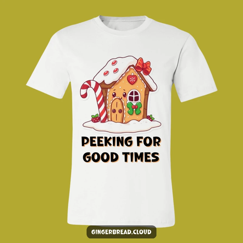 Funny Gingerbread House T-Shirt: Happy Peeking Fun Behind Candy Cane Gift