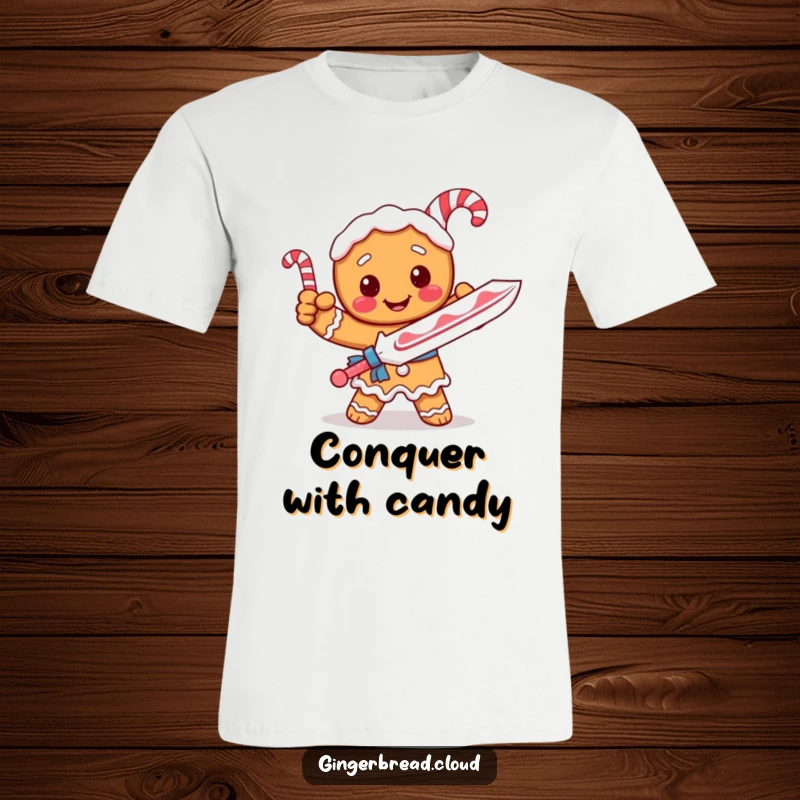Funny t-shirt depicting a gingerbread knight in a dynamic pose, brandishing a candy cane sword with flair.