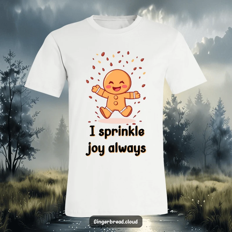 Funny gingerbread man t-shirt, joyful character leaping through chocolate sprinkle rain, celebrating happiness and fun.