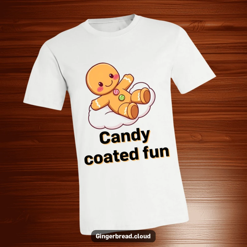 Funny gingerbread man t-shirt featuring a smiling character with candy buttons playfully sliding down a cloud, embodying carefree fun.