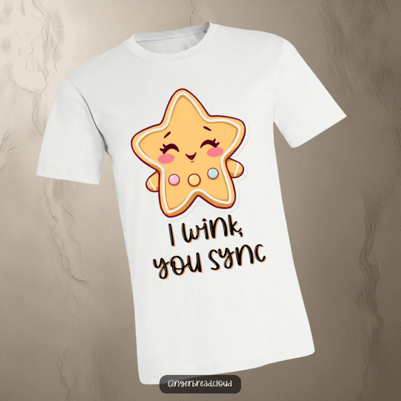 Funny gingerbread star t-shirt, a winking character adorned with twinkling candy buttons, festive and humorous apparel.
