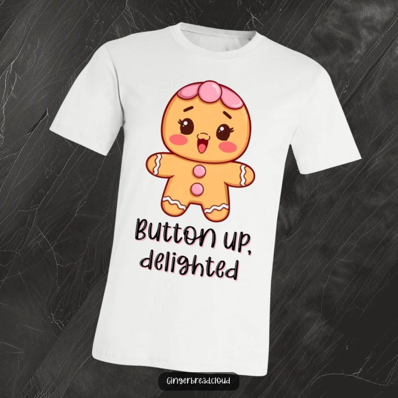 Funny t-shirt featuring a gingerbread character with frosting buttons, looking both surprised and absolutely delighted.