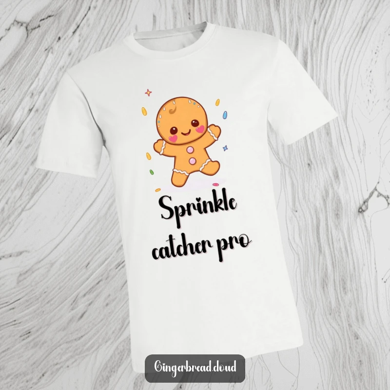 Funny t-shirt design with a gingerbread character delightedly catching raindrops that are actually colorful sprinkles, perfect for festive fun.