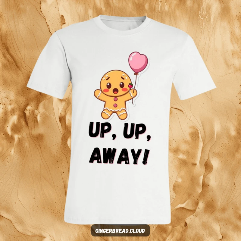 Funny surprised gingerbread cookie character with currants floating upwards on a balloon, whimsical holiday t-shirt, cheerful and lighthearted.
