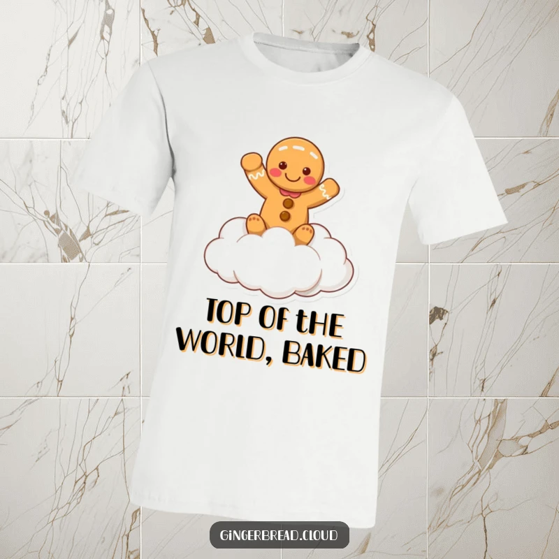 Funny t-shirt with a gingerbread person waving hello from a soft, fluffy cloud, exuding warmth and cheerful energy.