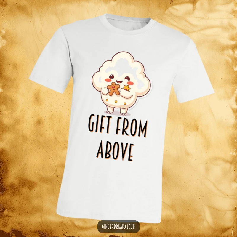 Funny T-Shirt depicting a friendly monster shaped cloud handing over a gingerbread gift, a whimsical and humorous fantasy character design.
