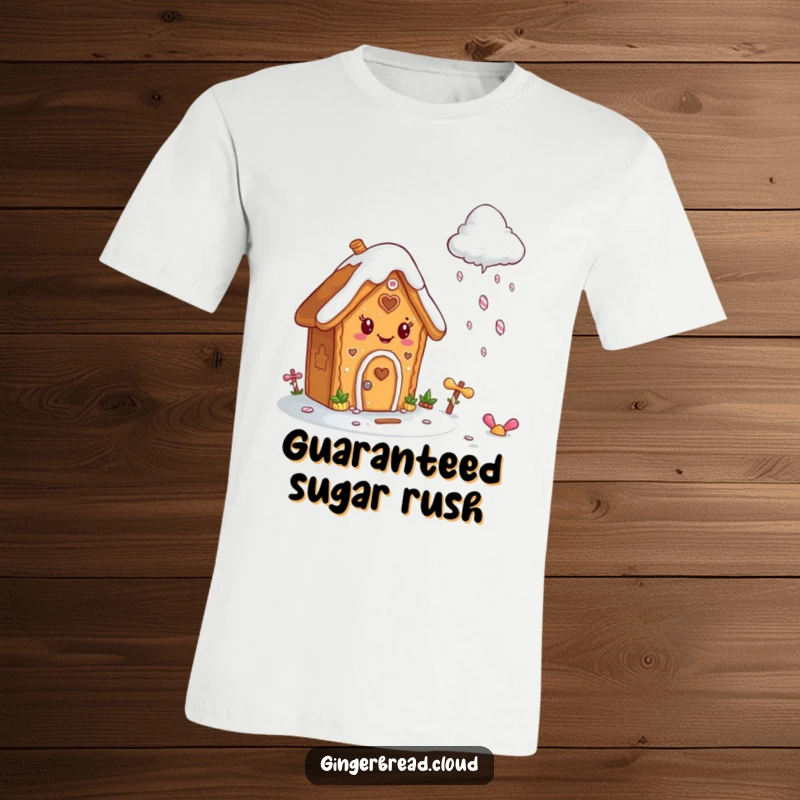 Funny t-shirt showcasing a joyful gingerbread house character with icing, observing a cloud showering delicious candy.