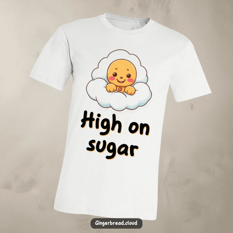 Funny t-shirt with a gingerbread cookie peeking from a soft cloud, sporting a joyful, mischievous grin.