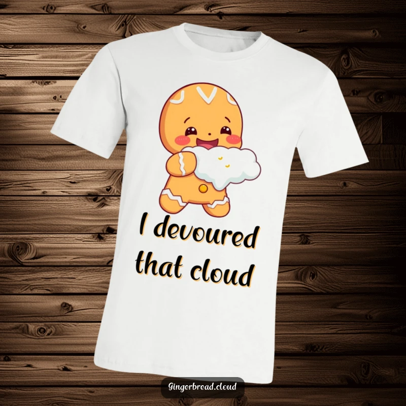 A happy gingerbread cookie character enthusiastically taking a colossal bite out of a soft cloud, printed on a t-shirt for cheerful wear.
