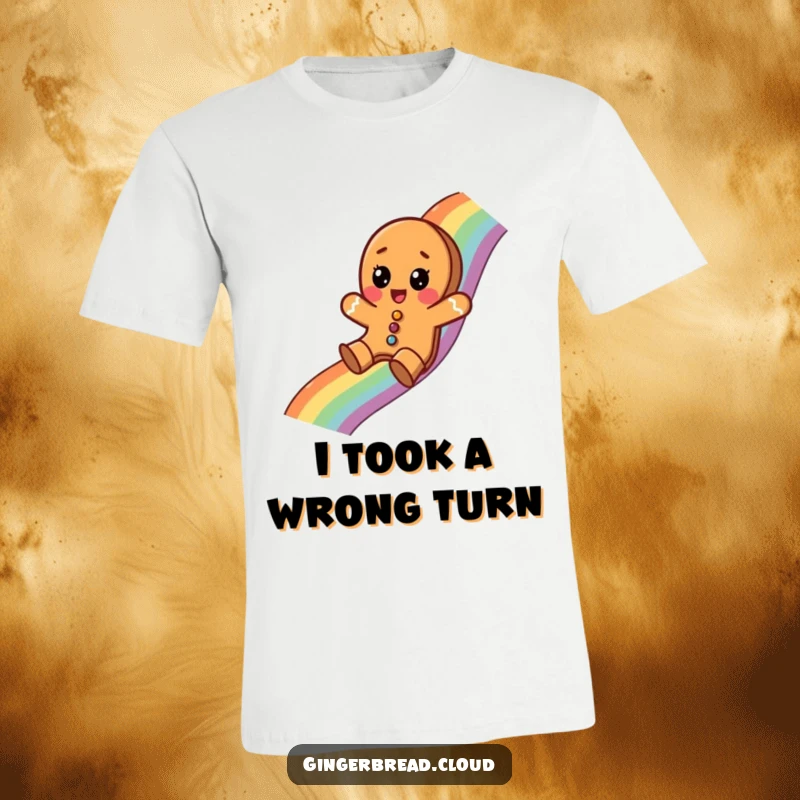 Funny t-shirt depicting a surprised gingerbread cookie sliding down a colorful rainbow, a whimsical and festive design.