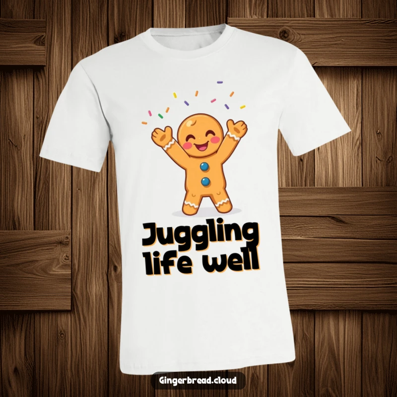 Funny gingerbread cookie t-shirt showing a happy man joyfully juggling bright, colorful sprinkles with skill and glee.