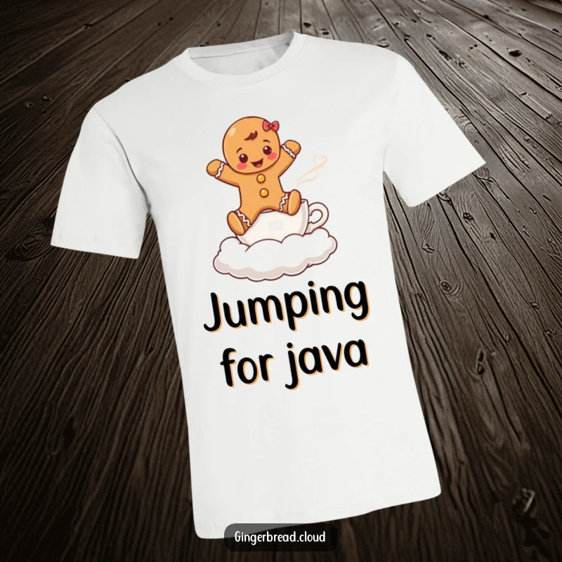 Funny t-shirt print of a gingerbread boy jumping over a coffee cup cloud, evoking holiday cheer and coffee delight.