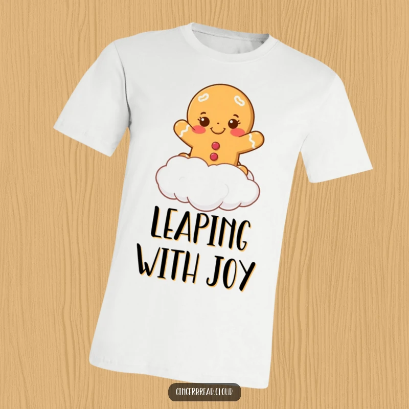 Funny smiling gingerbread cookie leaping from a cloud on a t-shirt. Captures pure holiday joy and whimsy.