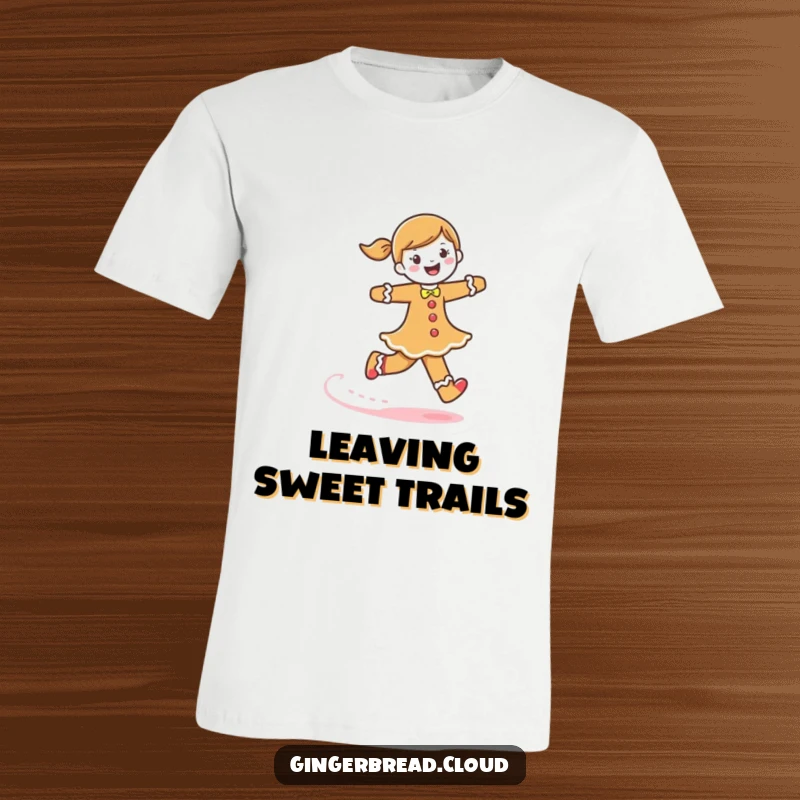 Funny gingerbread woman t-shirt, a character skipping joyfully, leaving a trail of frosting, whimsical and energetic apparel.