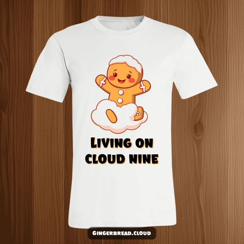 Funny Gingerbread Man T-Shirt: A smiling gingerbread cookie character with frosting joyfully jumps on a cloud, a fun graphic.