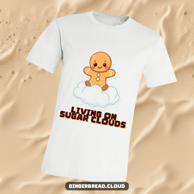 Funny T-Shirt graphic of a smiling gingerbread character joyfully standing on a puffy cloud. Airy and humorous.