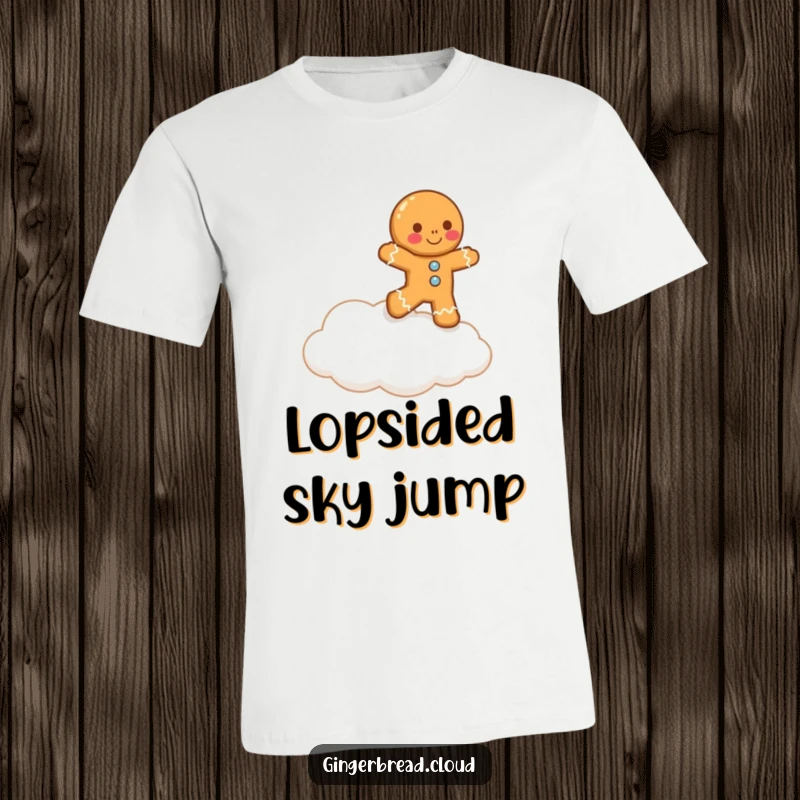 Funny, slightly off-kilter gingerbread man hilariously tries to jump onto a cloud, embodying ambitious and humorous effort, ideal apparel.