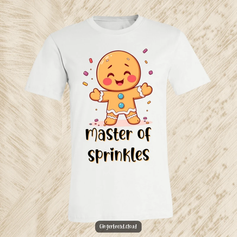 Funny t-shirt featuring a gingerbread man gleefully juggling a cascade of vibrant candy sprinkles.