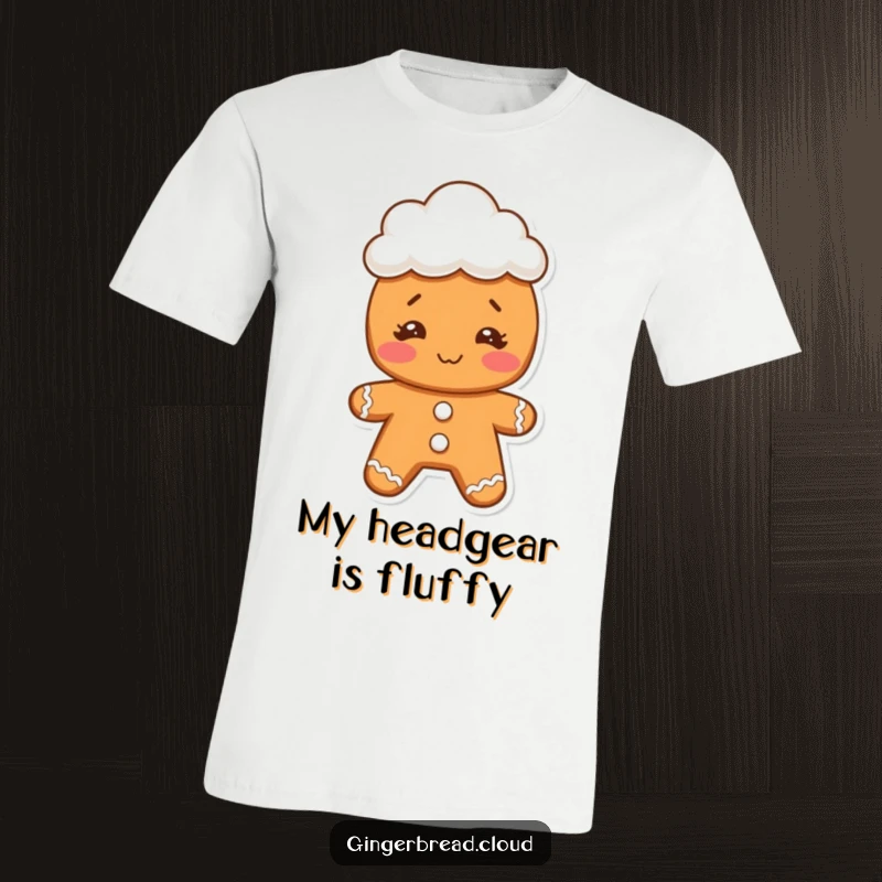 Funny gingerbread character with a comical expression, wearing a small cloud hat, printed on a t-shirt for humorous apparel.