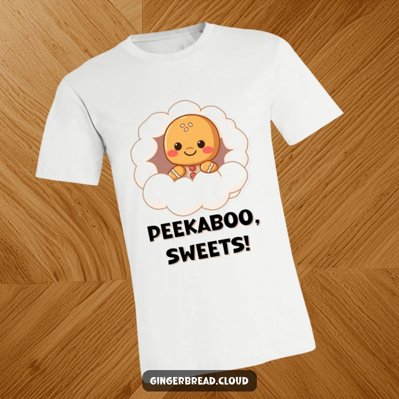 Funny gingerbread character t-shirt, peeking from a cloud hollow, whimsical and dreamy graphic, ideal funny gift for imaginative people.