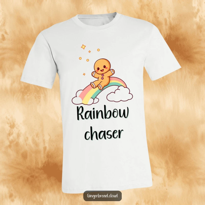 Funny gingerbread cookie t-shirt featuring a gingerbread cookie character joyfully sliding down a colorful rainbow.