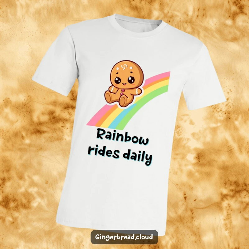 Funny t-shirt featuring a cheerful gingerbread character with wide eyes, joyfully sliding down a bright rainbow. A symbol of fun.