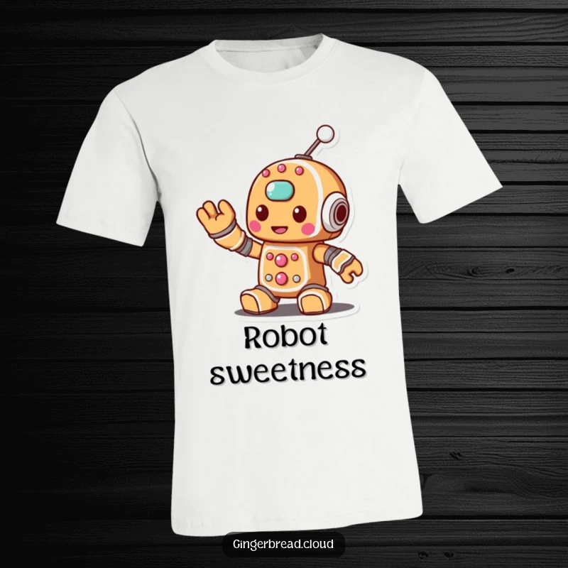 Funny t-shirt with a gingerbread robot character waving a sugary antenna, a fun fusion of baking and tech.