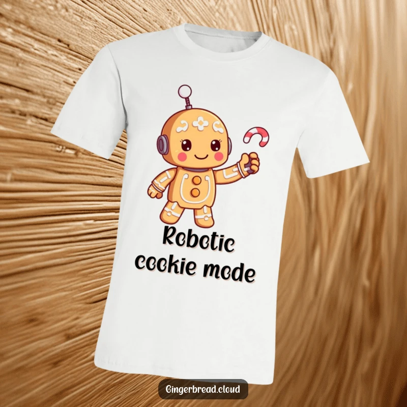 Funny gingerbread robot t-shirt character waving a candy cane antenna, a festive and humorous design.