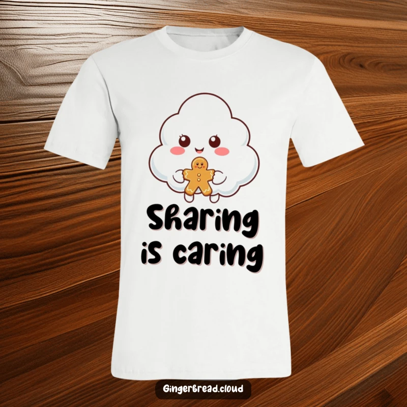Funny cloud character t-shirt featuring a smiling cloud offering a piece of gingerbread, symbolizing kindness and sharing.