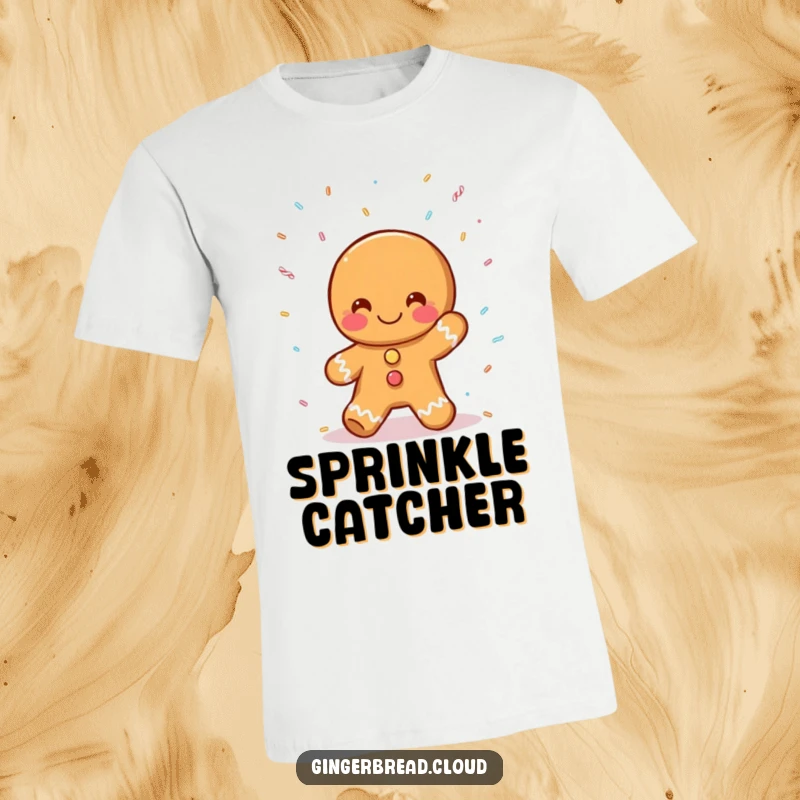 Funny gingerbread person t-shirt, catching falling sprinkles, playful and sweet holiday graphic, ideal funny gift for treat lovers.