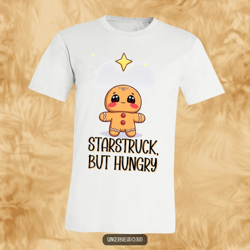 Funny gingerbread character gazing up with wide eyes at a starry sky, on a comfortable t-shirt.