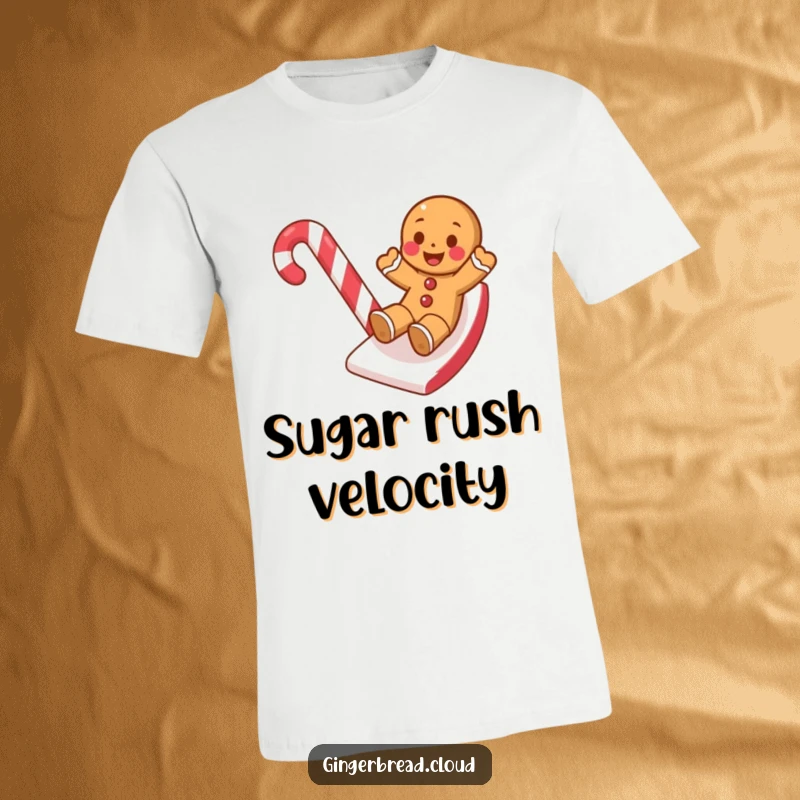 Funny t-shirt showcasing a gingerbread cookie joyfully sliding down a vibrant candy cane, embodying playful holiday spirit.