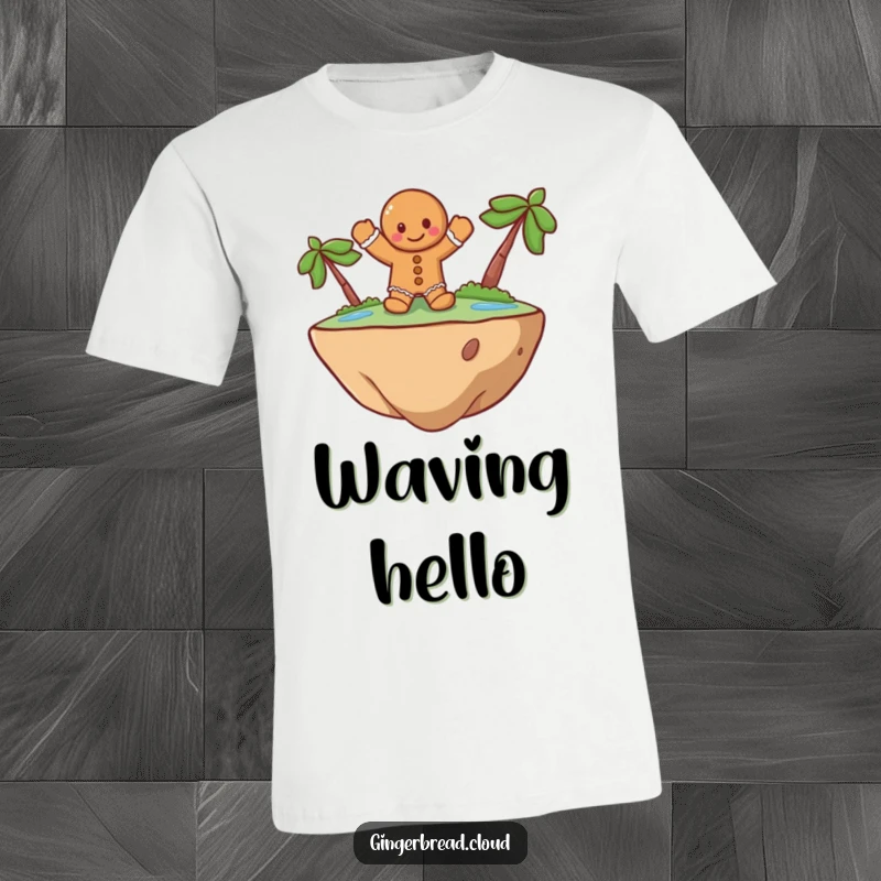 Funny T-Shirt depicting a cheerful gingerbread man waving from a floating island, a whimsical and humorous food character design.