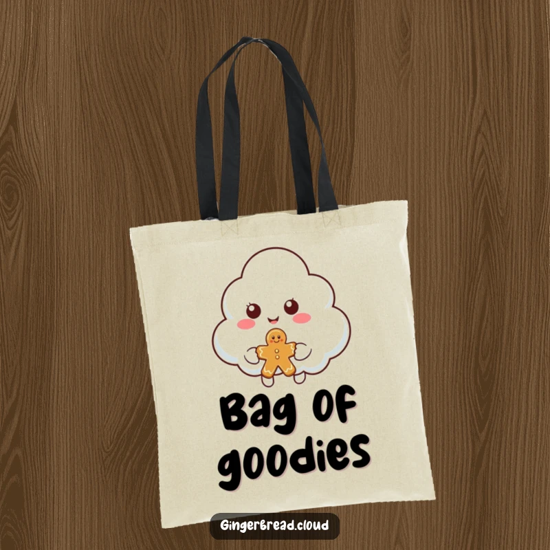 Funny cloud character tote bag featuring a smiling cloud offering a piece of gingerbread, perfect for carrying essentials with kindness.