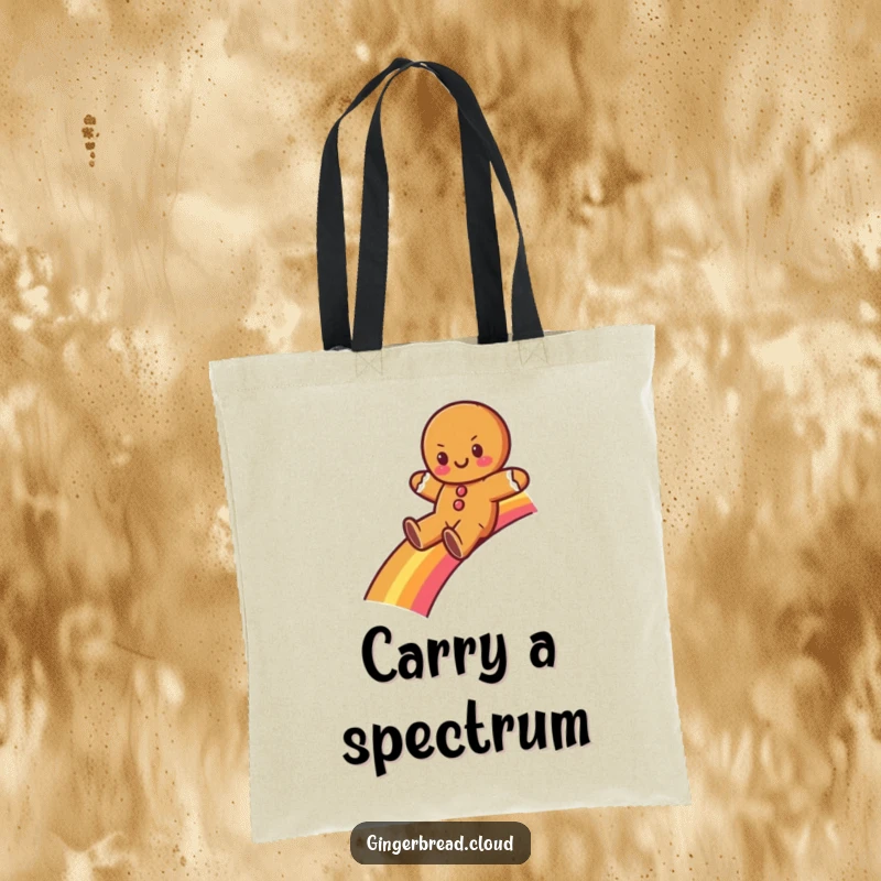 Funny gingerbread character sliding down a rainbow on a durable tote bag. Ideal for carrying daily essentials with enchantment.