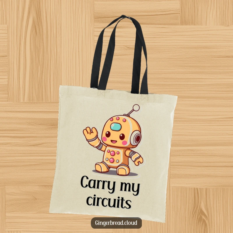 Funny tote bag featuring a gingerbread robot character waving a sugary antenna, perfect for carrying daily items.