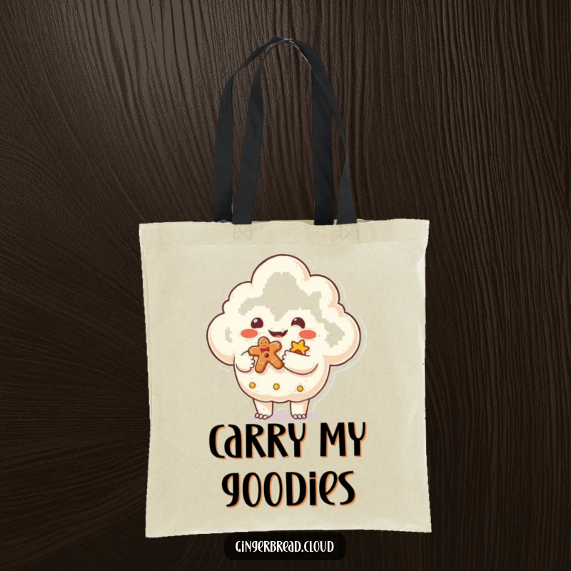 Funny Tote Bag illustrated with a friendly monster shaped cloud handing a gingerbread gift, a whimsical and humorous accessory for daily use.