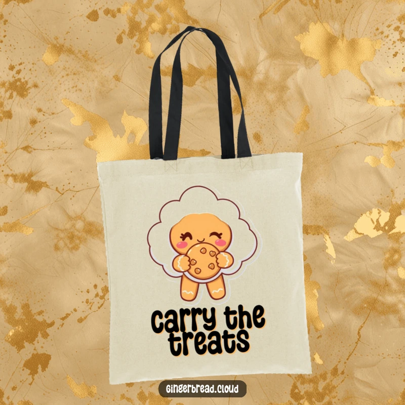 Funny tote bag featuring a gingerbread cloud character winking and offering a cookie, perfect for carrying treats and joy.