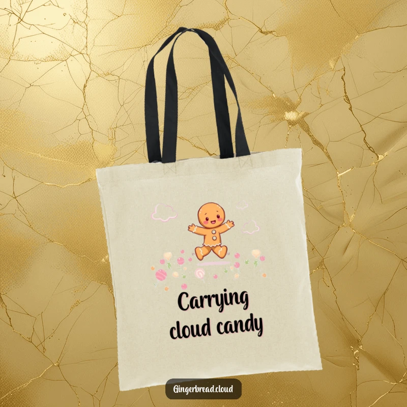 Funny gingerbread person playfully skipping through a field of candy clouds, whimsical tote bag, sweet and cheerful accessory.