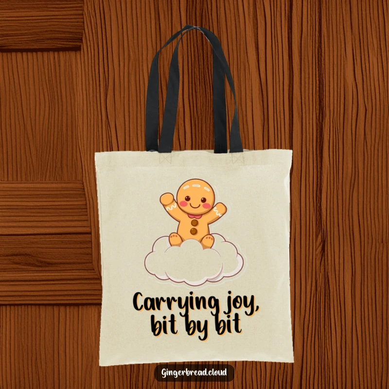 Funny tote bag with a gingerbread person waving cheerfully from a cloud, perfect for carrying essentials with a friendly touch.