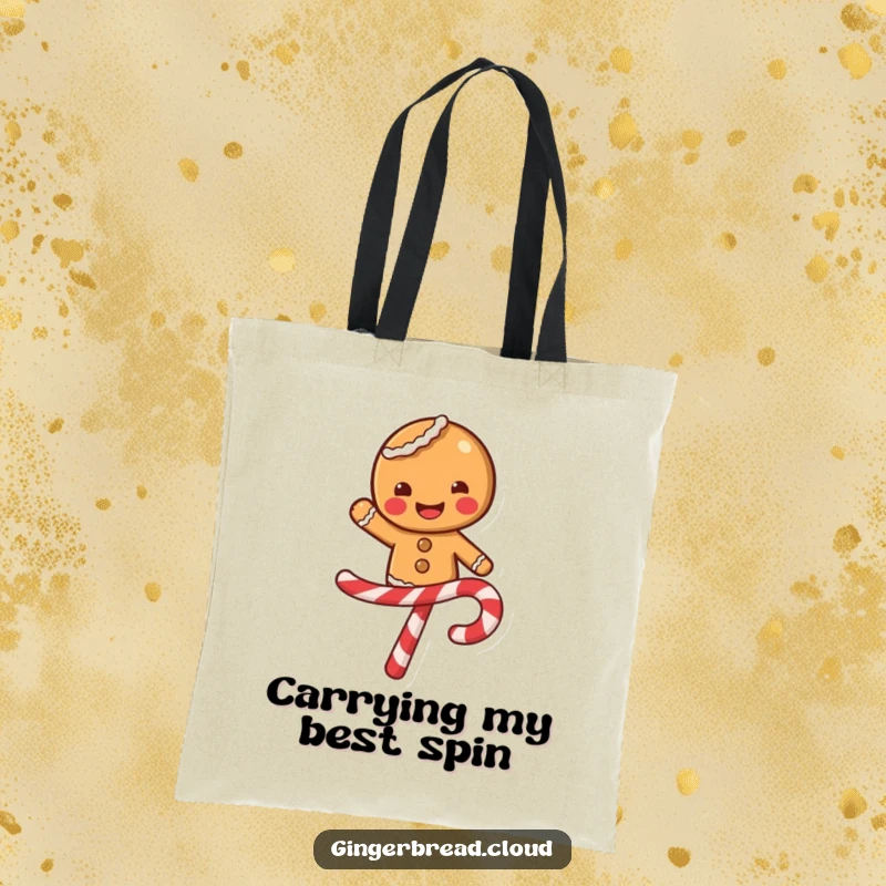 Funny gingerbread character with a wide smile balancing on a swirling candy cane, festive tote bag, sweet and cheerful accessory.