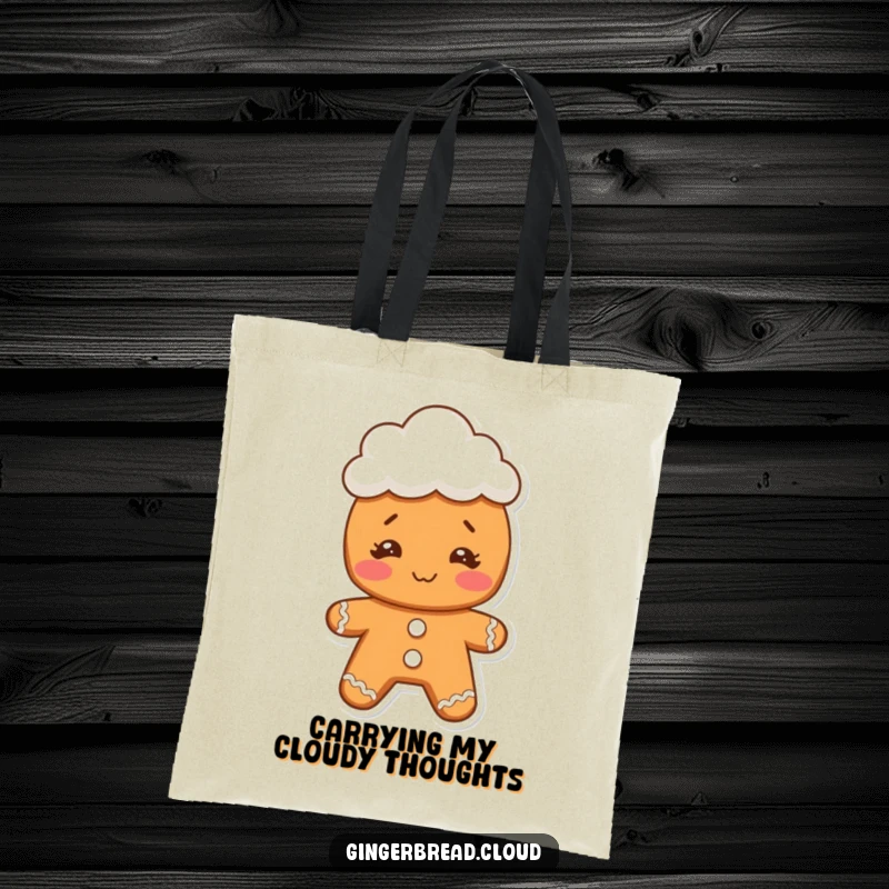 Funny gingerbread character with a comical face, wearing a tiny cloud hat, showcased on a tote bag for functional humor.