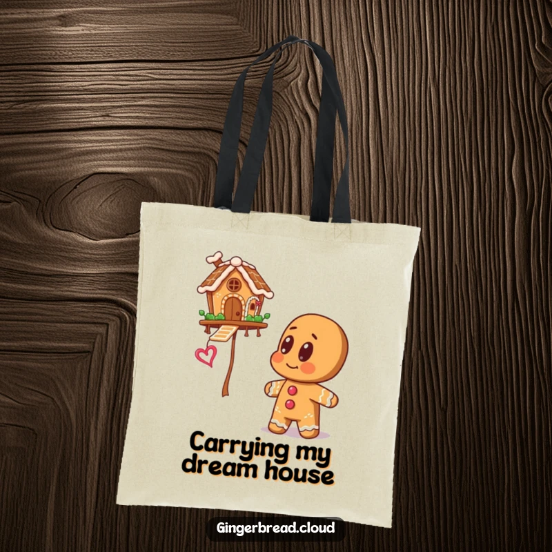 Gingerbread man with big eyes looking up at a floating gingerbread house, showcased on a tote bag for whimsical carrying.