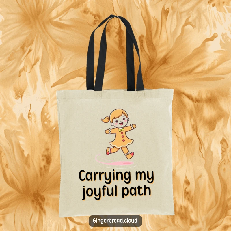 Funny gingerbread woman tote bag, a character skipping, leaving a frosting trail, practical and whimsical accessory.