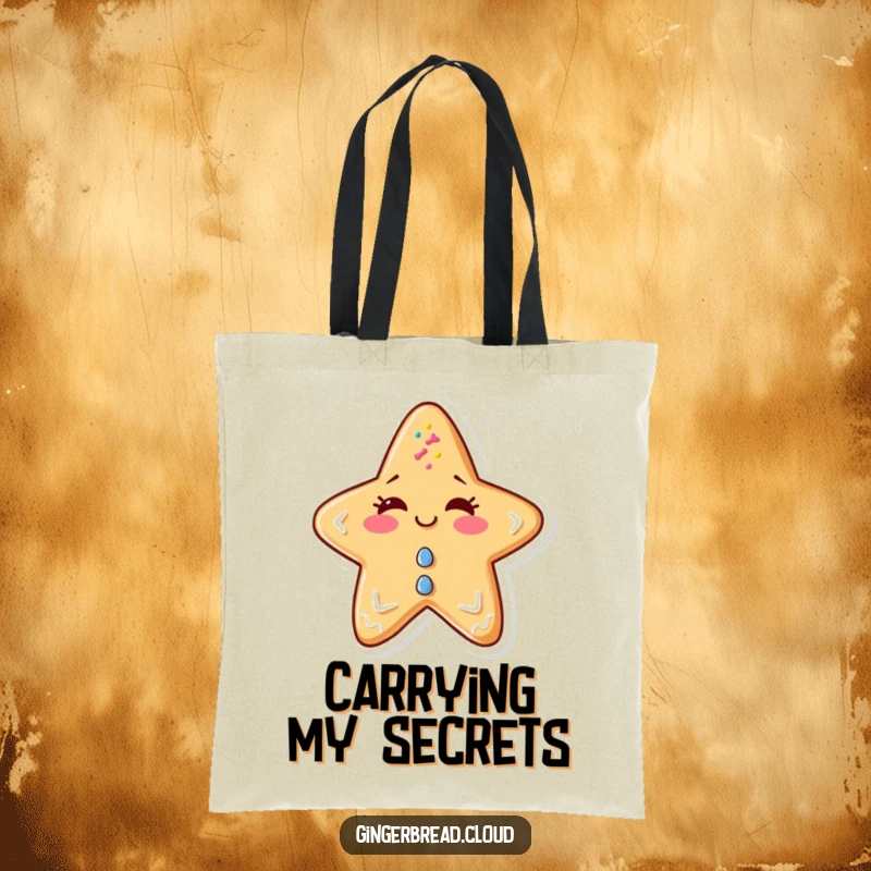 Funny tote bag featuring a mischievous gingerbread star winking, sprinkled with festive colors.