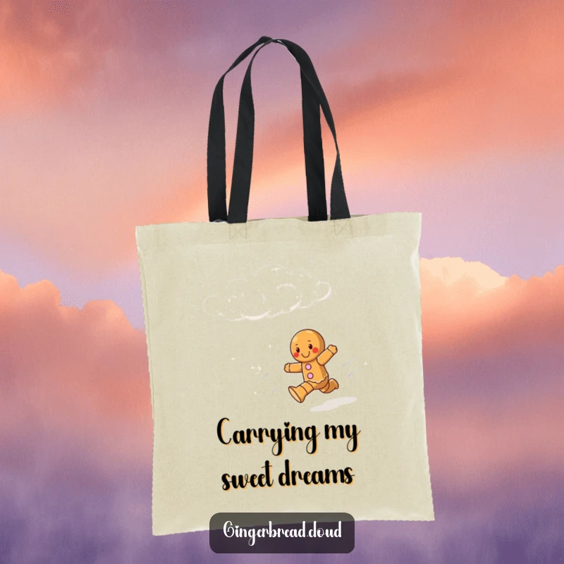 Funny tote bag illustrating a gingerbread person gleefully running across a vibrant sky amidst fluffy clouds.