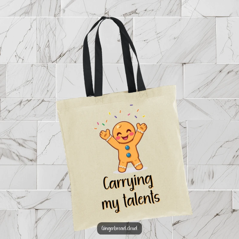 Funny gingerbread tote bag featuring a smiling character joyfully juggling colorful sprinkles, perfect for carrying essentials.