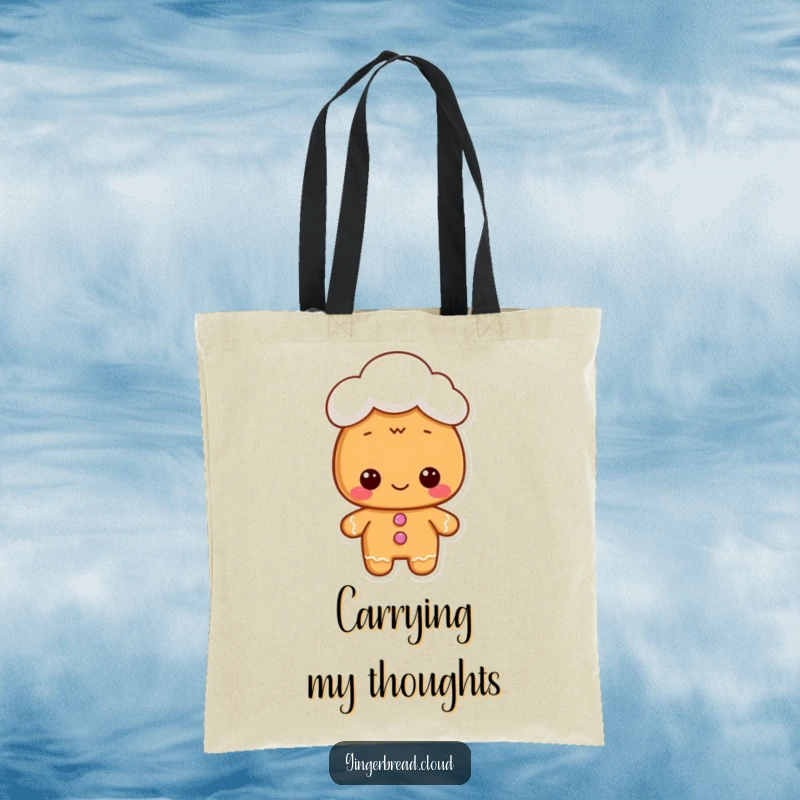 Funny tote bag illustration of a gingerbread character wearing a small cloud hat, a cute and whimsical design.