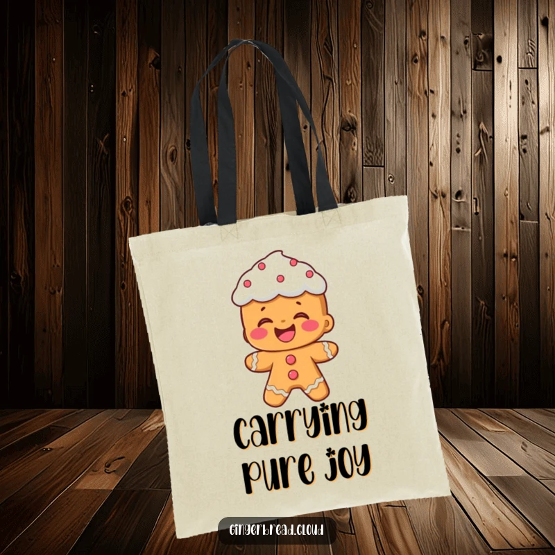 Funny tote bag: A gingerbread person with frosting hair laughs heartily, a humorous and practical accessory.